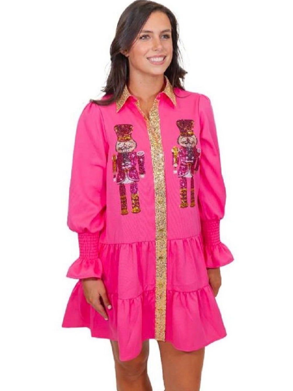 Bright Pink Sequin Nutcracker Shirt Dress